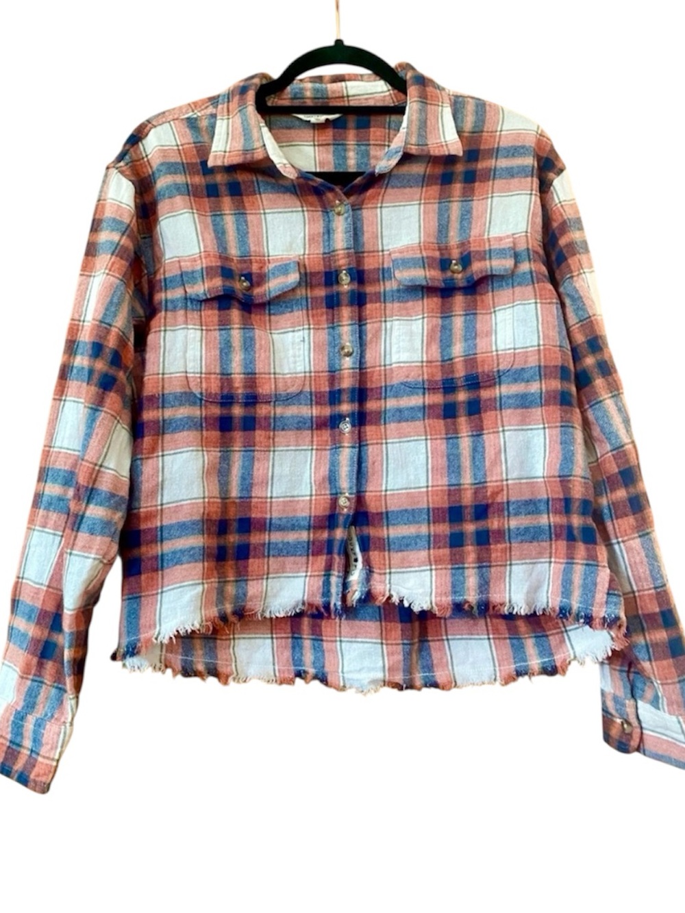 Lucky Brand Cropped Plaid Flannel Shirt Raw Hem Button Front Cotton Medium